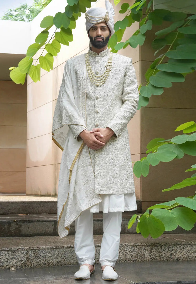 Off White Silk Anarkali Sherwani