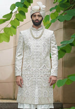 Load image into Gallery viewer, Off White Silk Anarkali Sherwani
