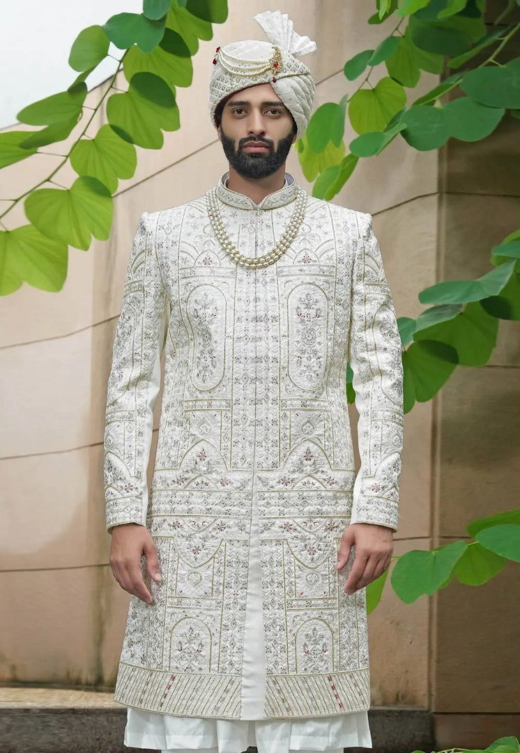 Off White Silk Anarkali Sherwani