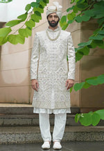 Load image into Gallery viewer, Off White Silk Anarkali Sherwani
