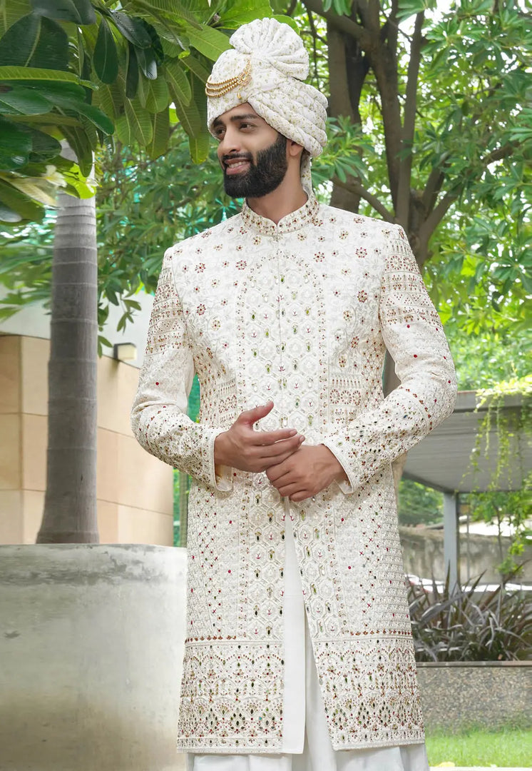 Off White Silk Anarkali Sherwani