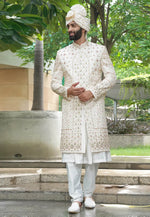 Load image into Gallery viewer, Off White Silk Anarkali Sherwani
