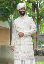 Load image into Gallery viewer, Off White Silk Anarkali Sherwani
