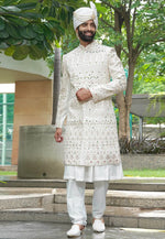 Load image into Gallery viewer, Off White Silk Anarkali Sherwani
