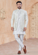 Load image into Gallery viewer, Off White Silk Indo Western Suit
