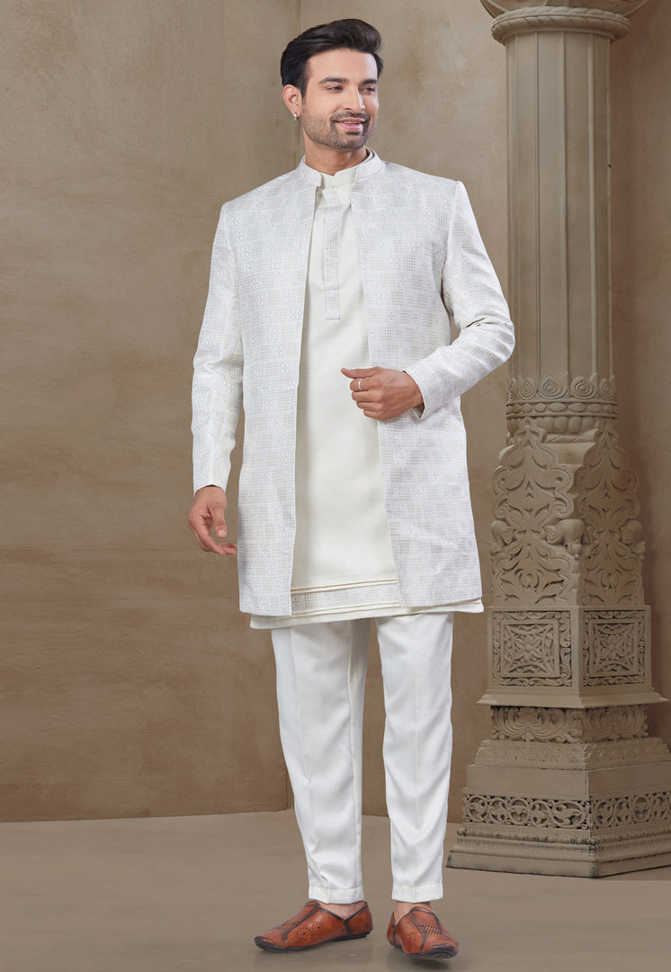Off White Silk Indo Western Suit