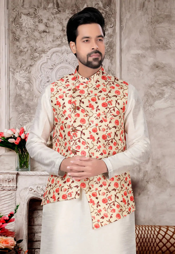 Off White Silk Kurta Pajama With Jacket