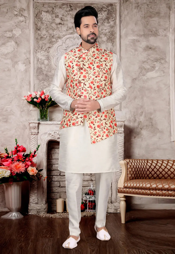 Off White Silk Kurta Pajama With Jacket