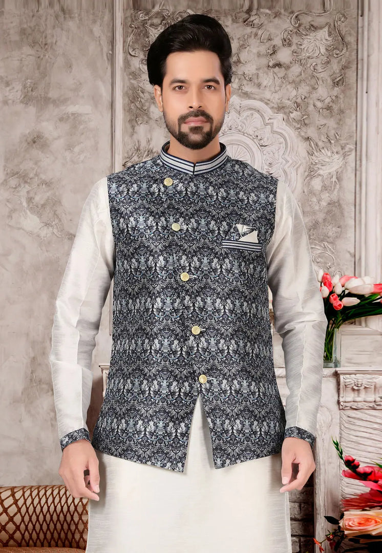 Off White Silk Kurta Pajama With Jacket