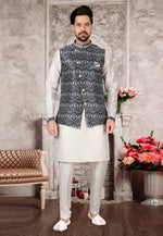 Load image into Gallery viewer, Off White Silk Kurta Pajama With Jacket
