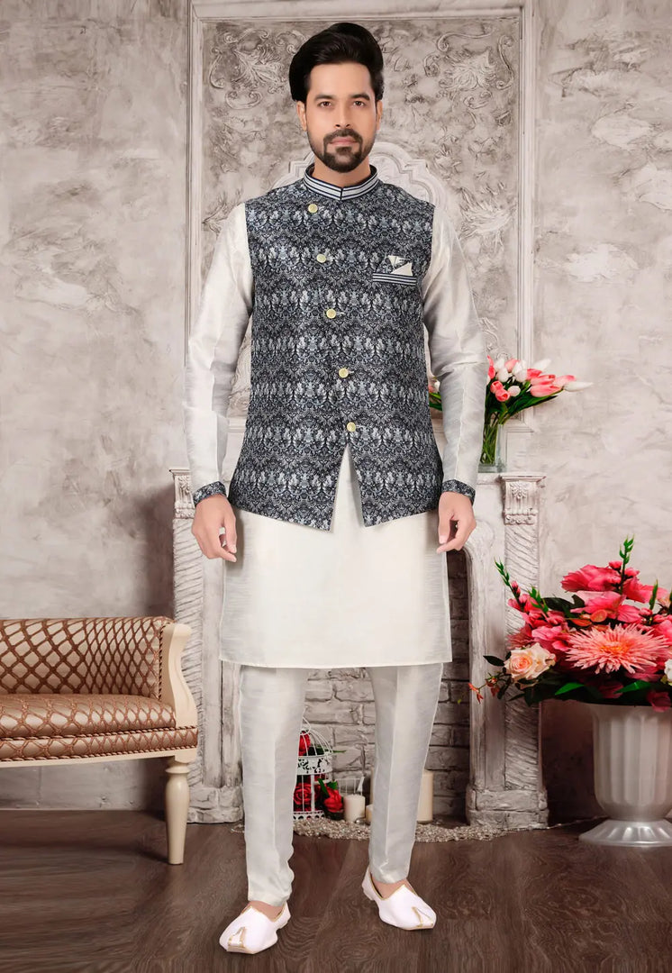 Off White Silk Kurta Pajama With Jacket