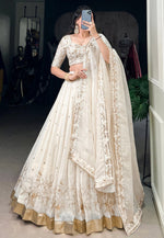 Load image into Gallery viewer, Off White Tissue Silk Circular Lehenga Choli

