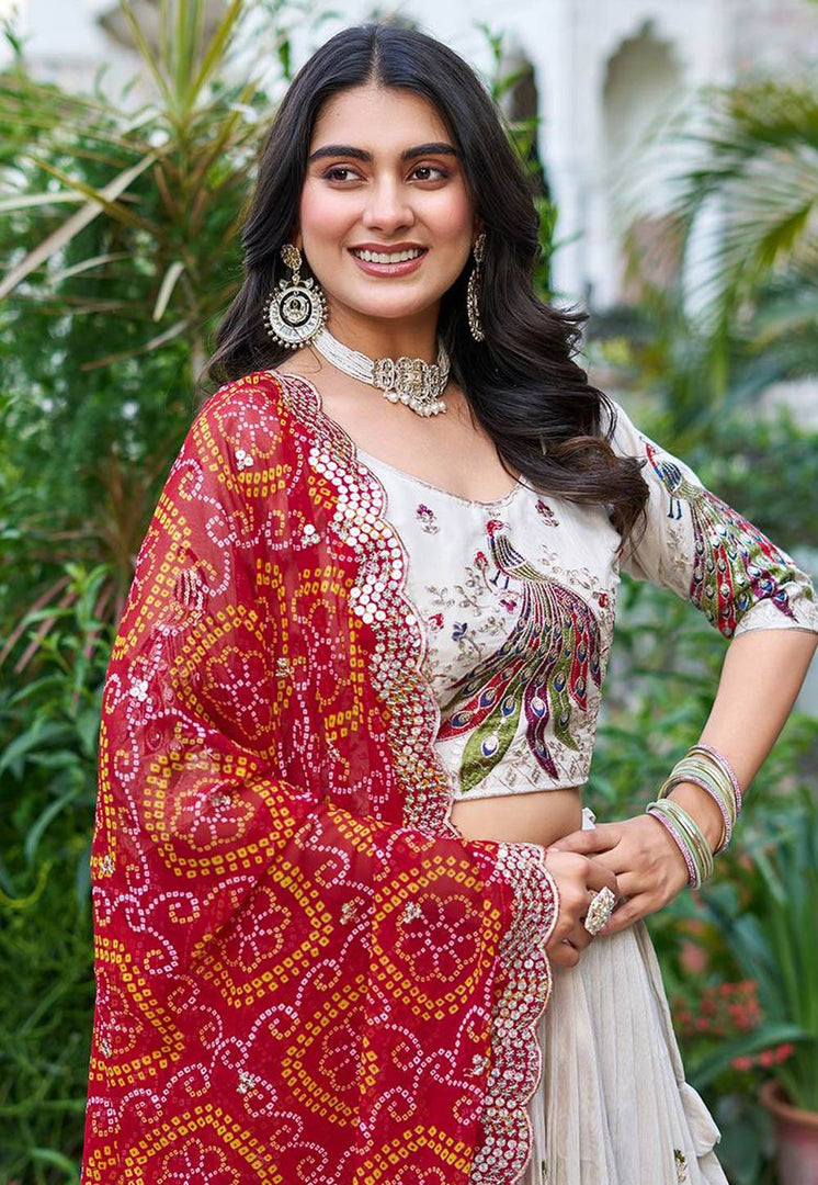 Off White Tissue Silk Readymade Circular Lehenga Choli