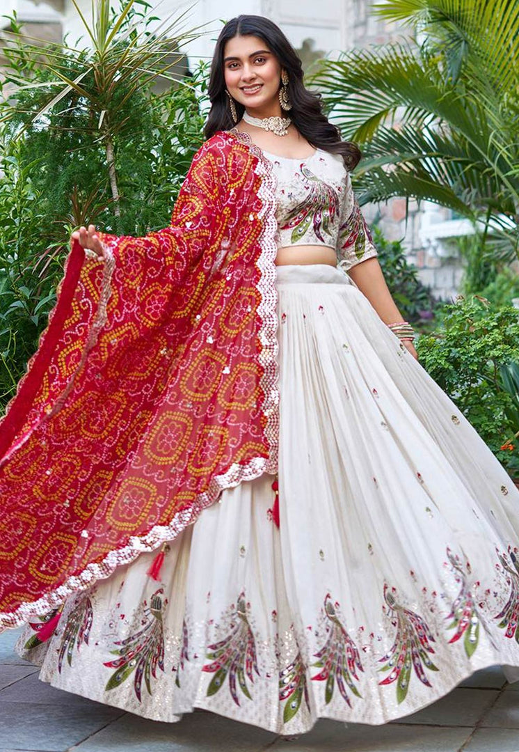 Off White Tissue Silk Readymade Circular Lehenga Choli