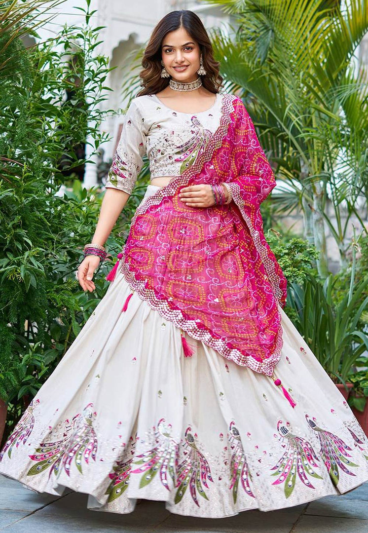 Off White Tissue Silk Readymade Lehenga Choli