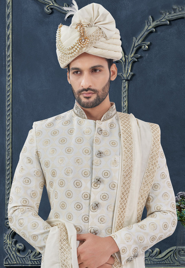 Off White Viscose Georgette Achkan Style Sherwani