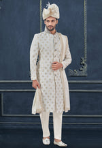 Load image into Gallery viewer, Off White Viscose Georgette Achkan Style Sherwani
