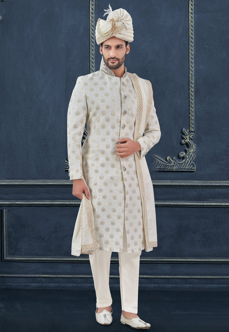 Off White Viscose Georgette Achkan Style Sherwani