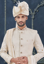 Load image into Gallery viewer, Off White Viscose Georgette Achkan Style Sherwani
