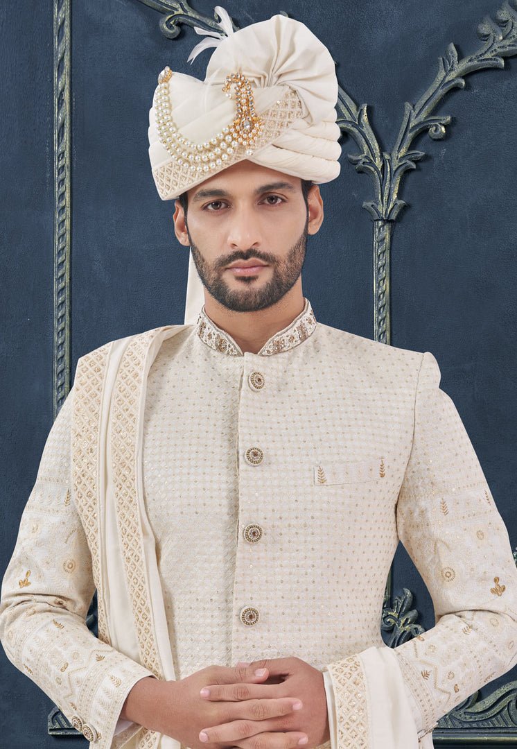 Off White Viscose Georgette Achkan Style Sherwani