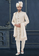 Load image into Gallery viewer, Off White Viscose Georgette Achkan Style Sherwani
