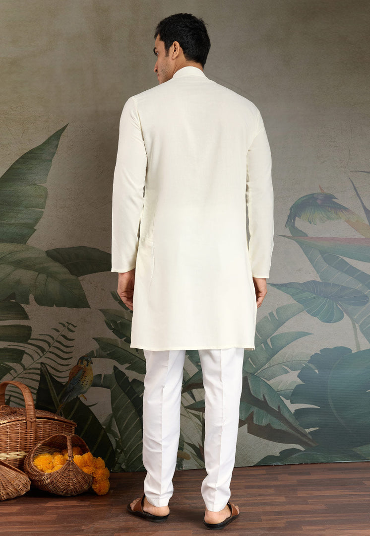 Off White Viscose Rayon Kurta Pajama With Stole