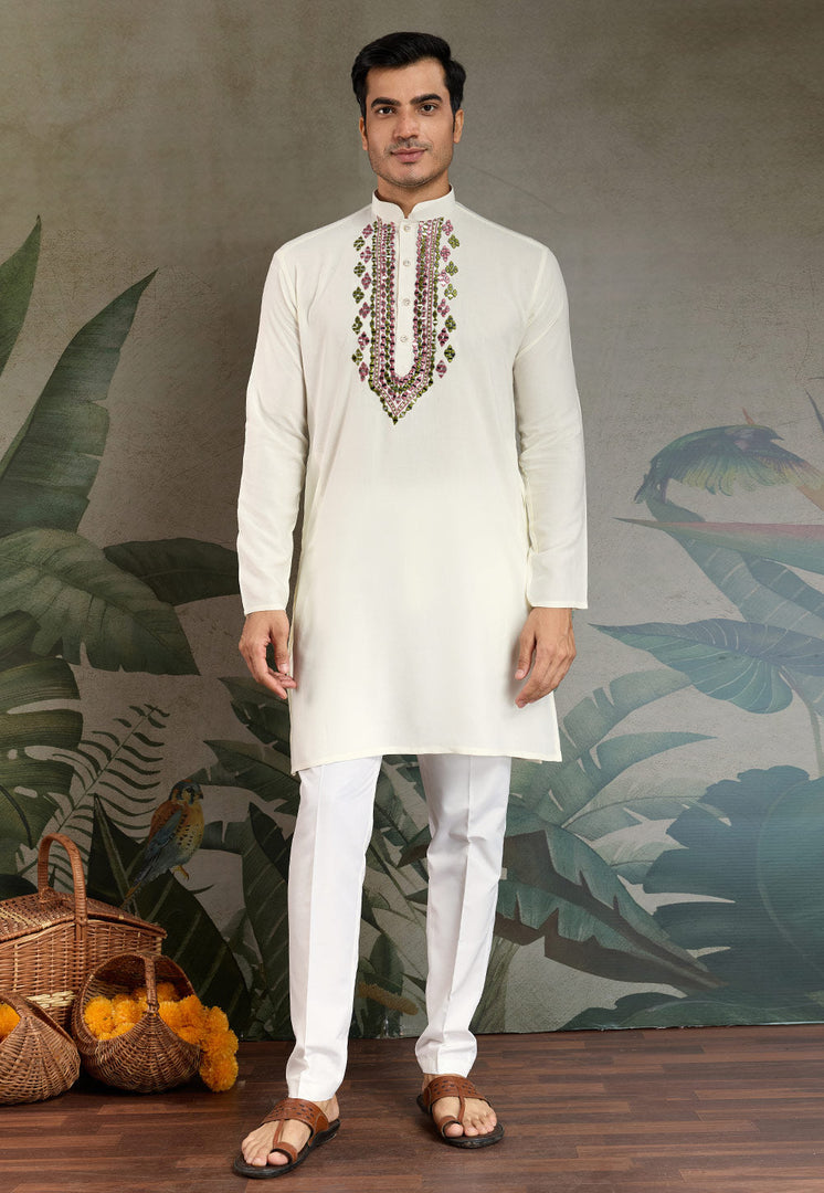 Off White Viscose Rayon Kurta Pajama With Stole