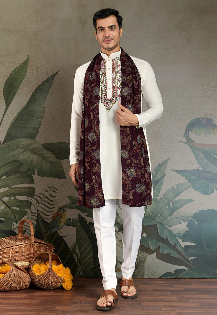 Off White Viscose Rayon Kurta Pajama With Stole