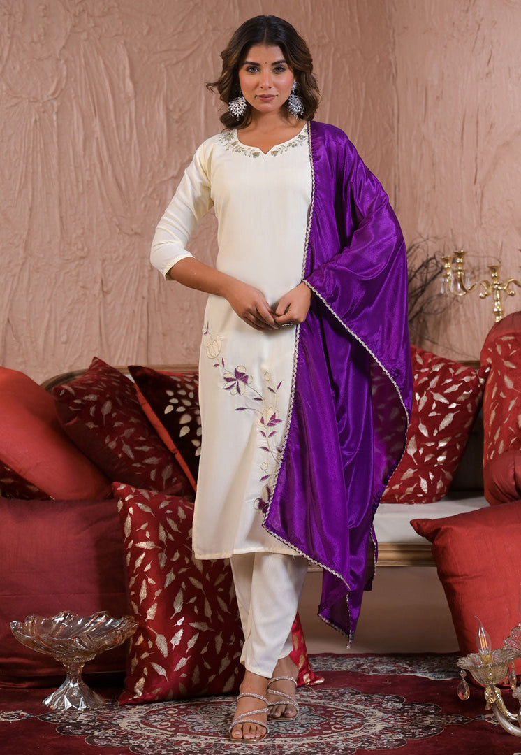 Off White Viscose Rayon Readymade Pant Style Suit