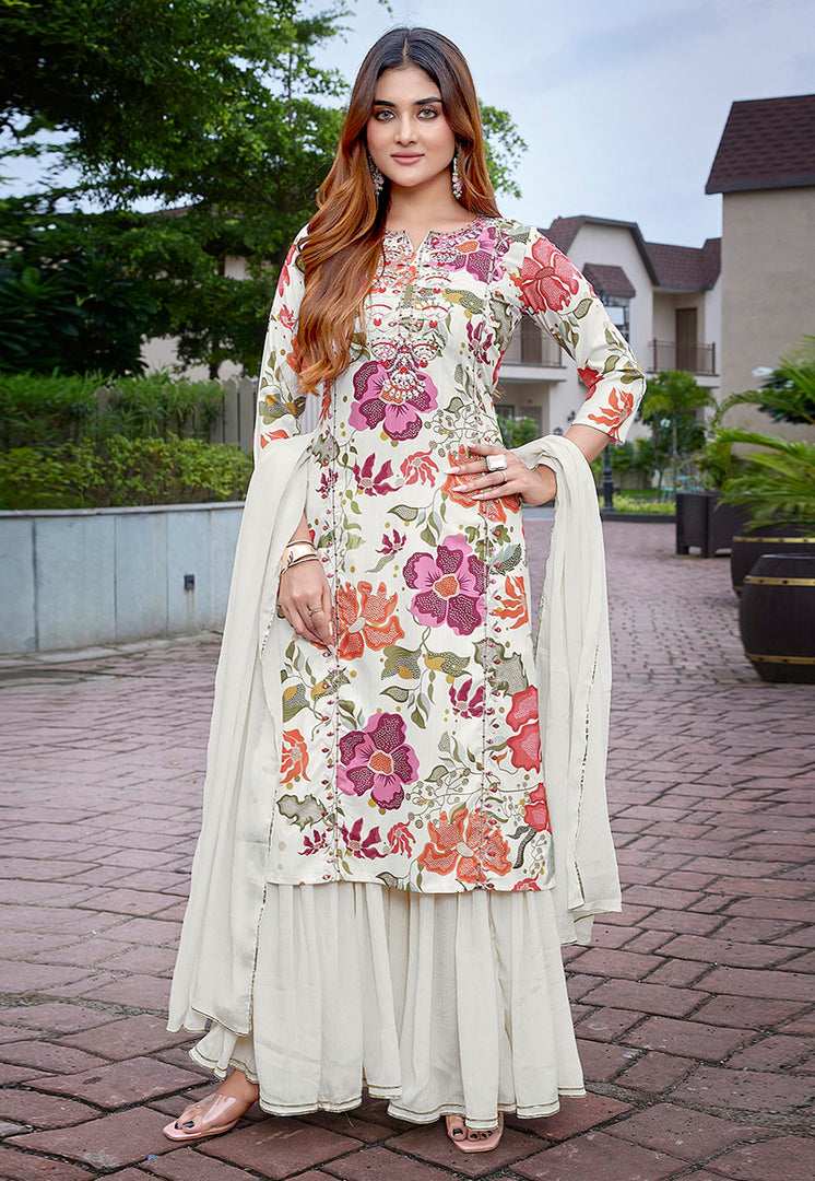 Off White Viscose Readymade Sharara Suit