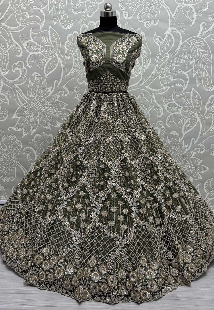 Olive Green Net Wedding Lehenga Choli
