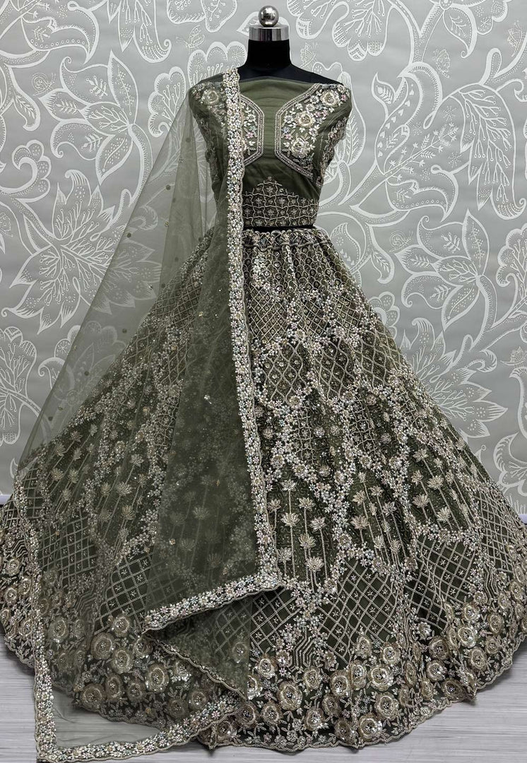 Olive Green Net Wedding Lehenga Choli
