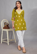 Load image into Gallery viewer, Olive Green Rayon Short Kurti
