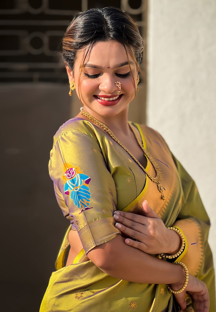 Olive Green Silk Paithani Saree