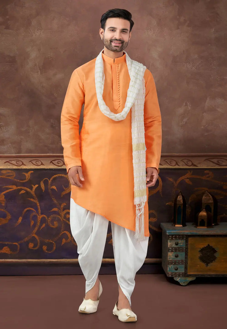 Orange Art Silk Dhoti Kurta