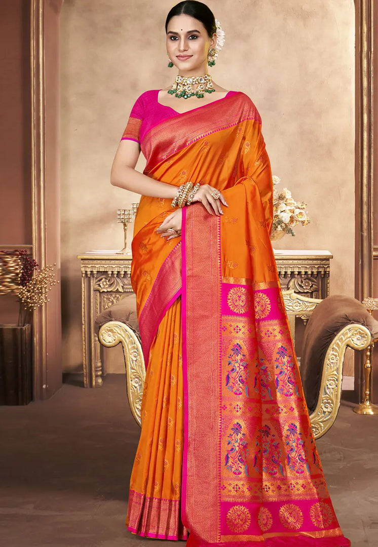 Orange Art Silk Paithani Saree