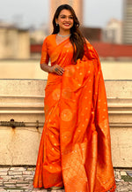 Load image into Gallery viewer, Orange Banarasi Silk Saree