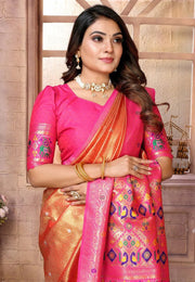 Orange Banarasi Silk Saree With Blouse