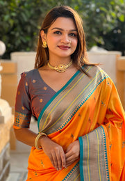 Orange Banarasi Silk Saree With Blouse