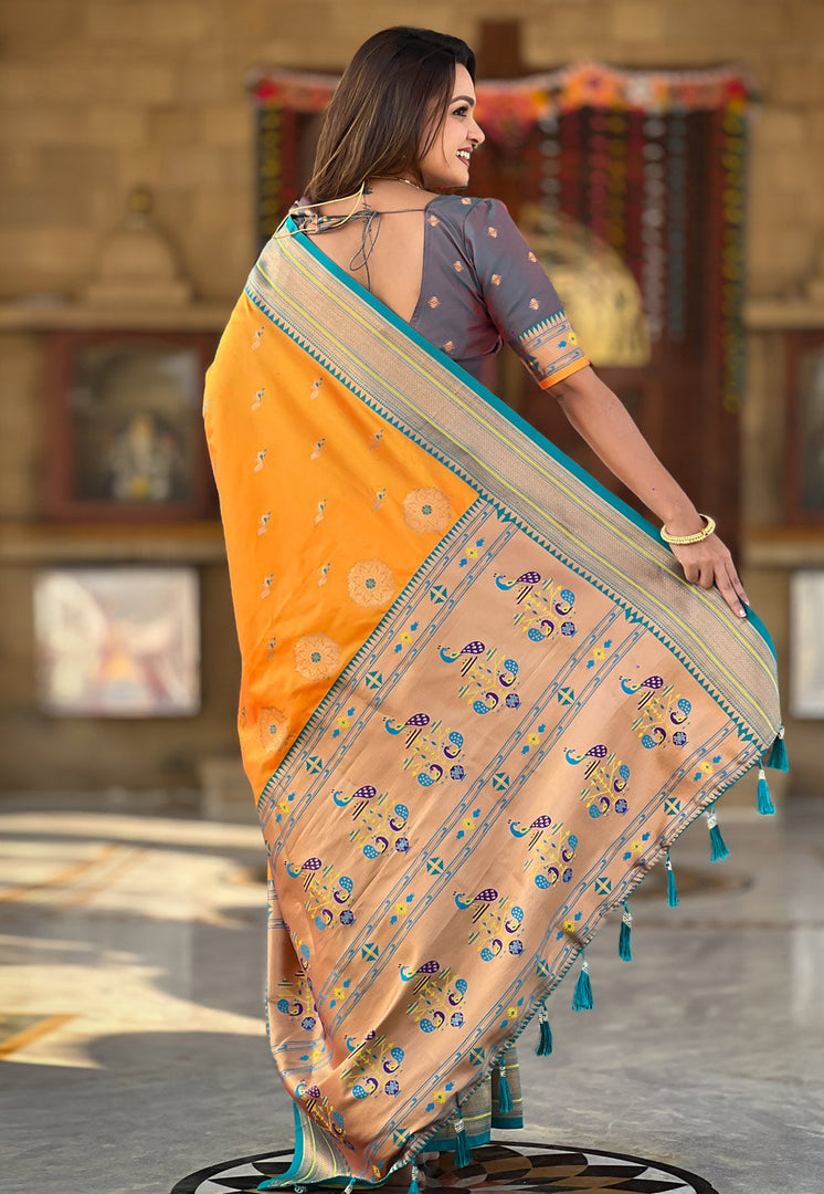 Orange Banarasi Silk Saree With Blouse