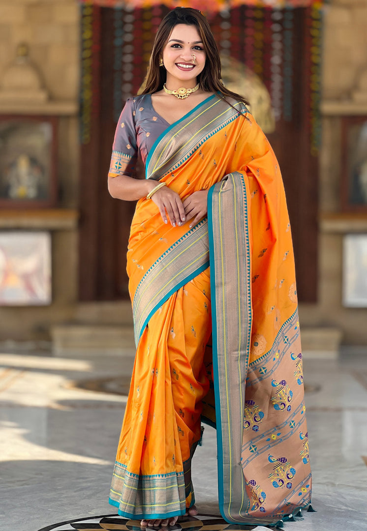 Orange Banarasi Silk Saree With Blouse