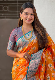 Orange Banarasi Silk Saree With Blouse