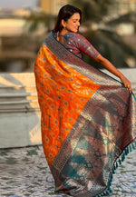 Load image into Gallery viewer, Orange Banarasi Silk Saree With Blouse
