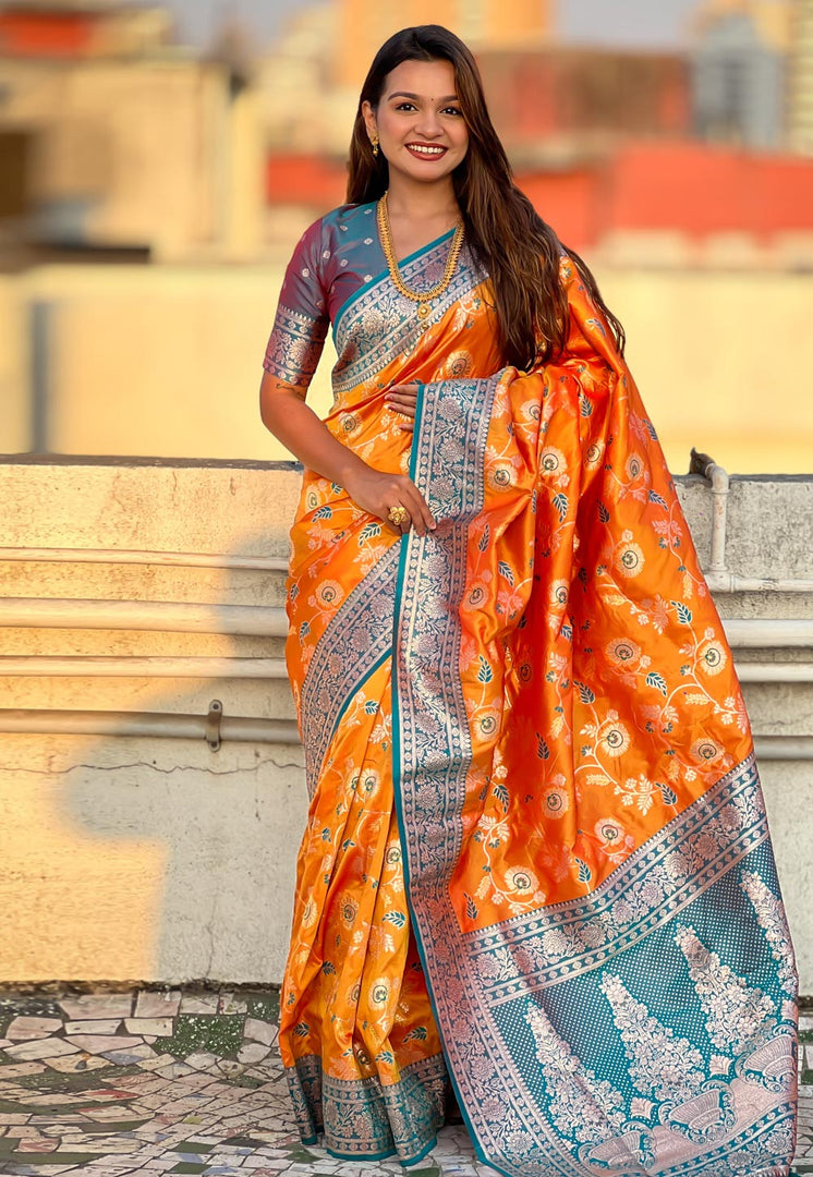 Orange Banarasi Silk Saree With Blouse