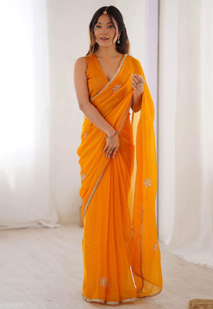 Orange Chiffon Saree With Blouse
