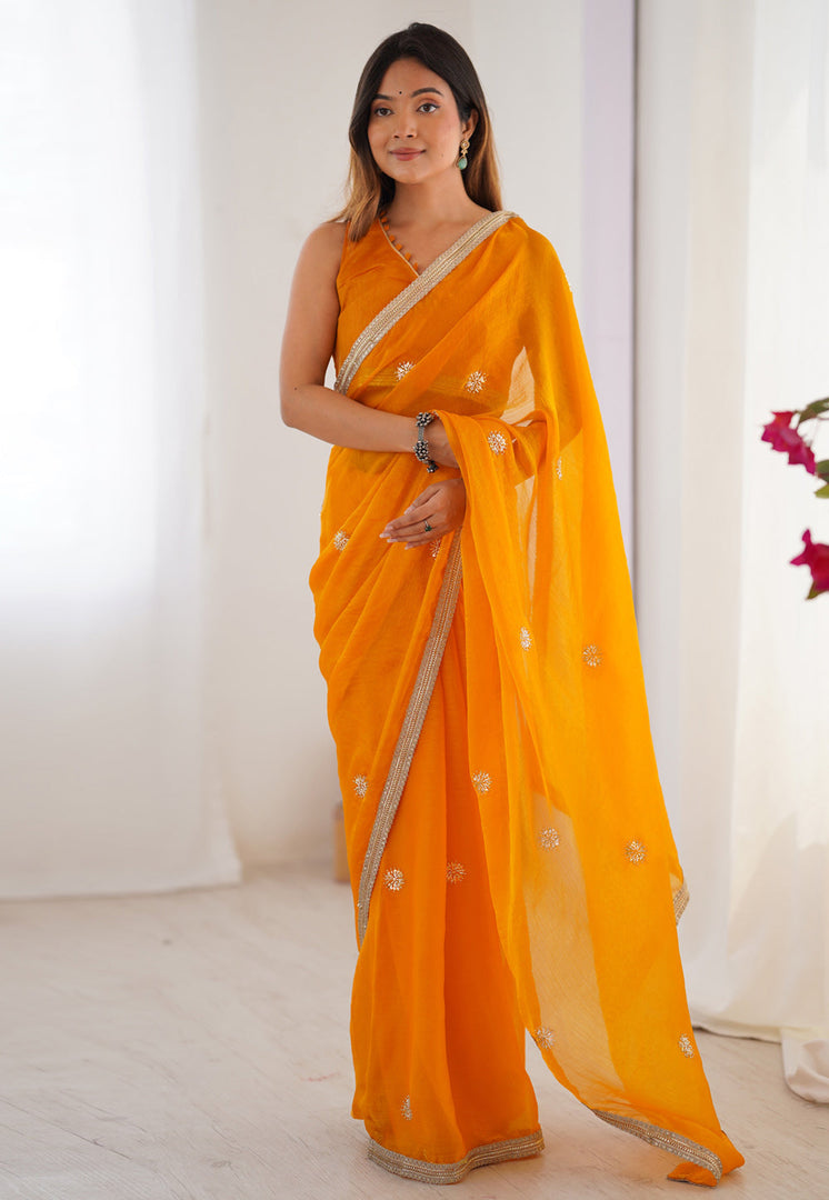Orange Chiffon Saree With Blouse