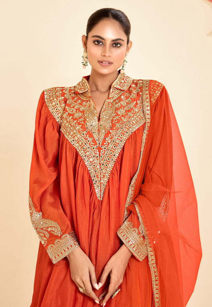 Orange Chinon Dhoti Salwar Kameez