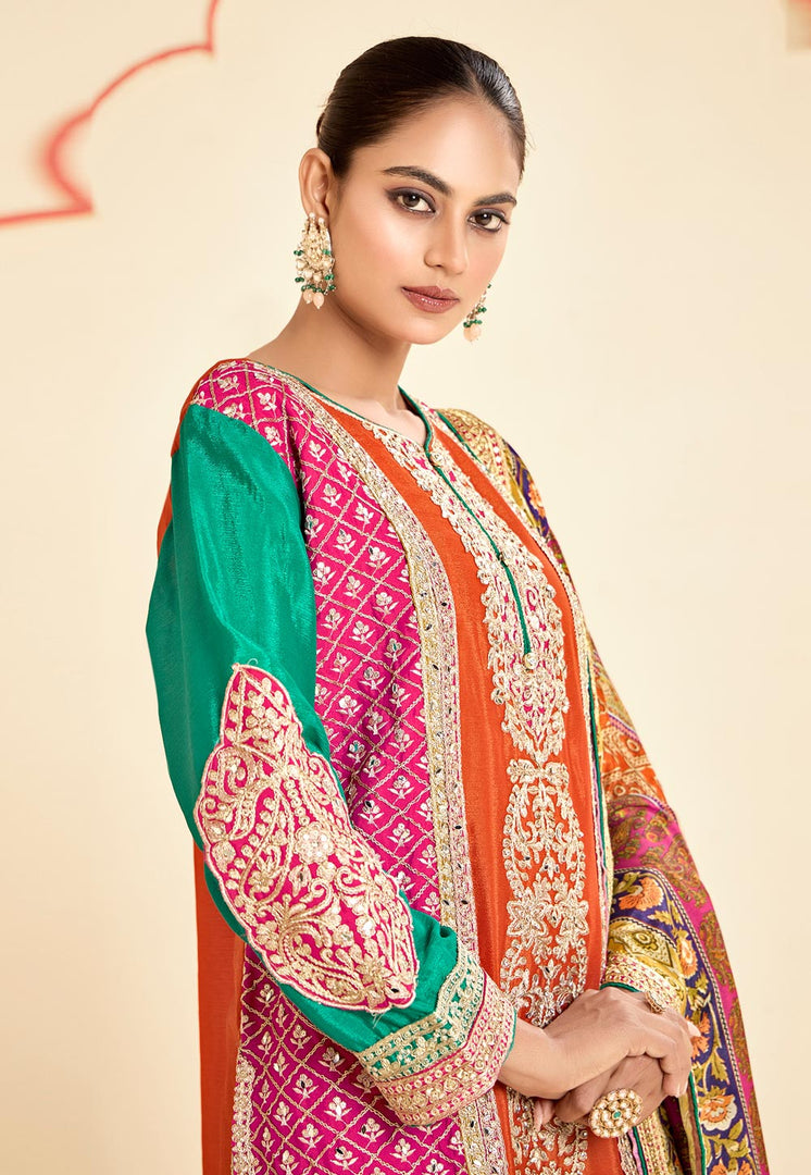 Orange Chinon Embroidered Gharara Suit
