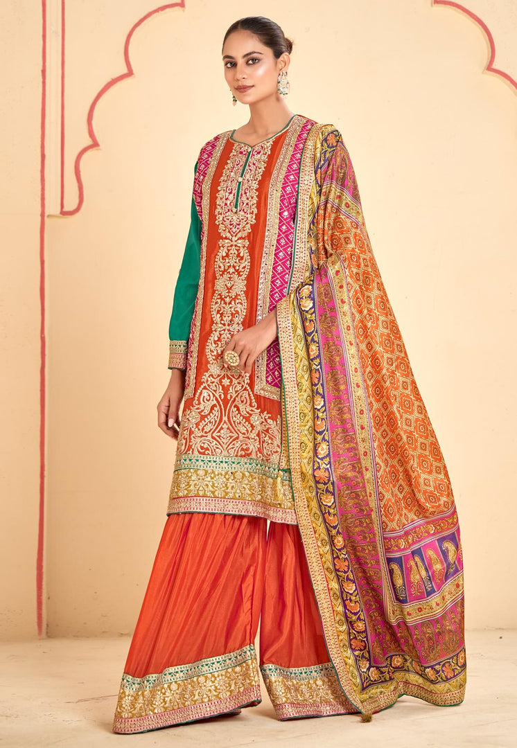 Orange Chinon Embroidered Gharara Suit
