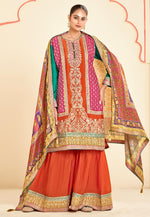 Load image into Gallery viewer, Orange Chinon Embroidered Gharara Suit
